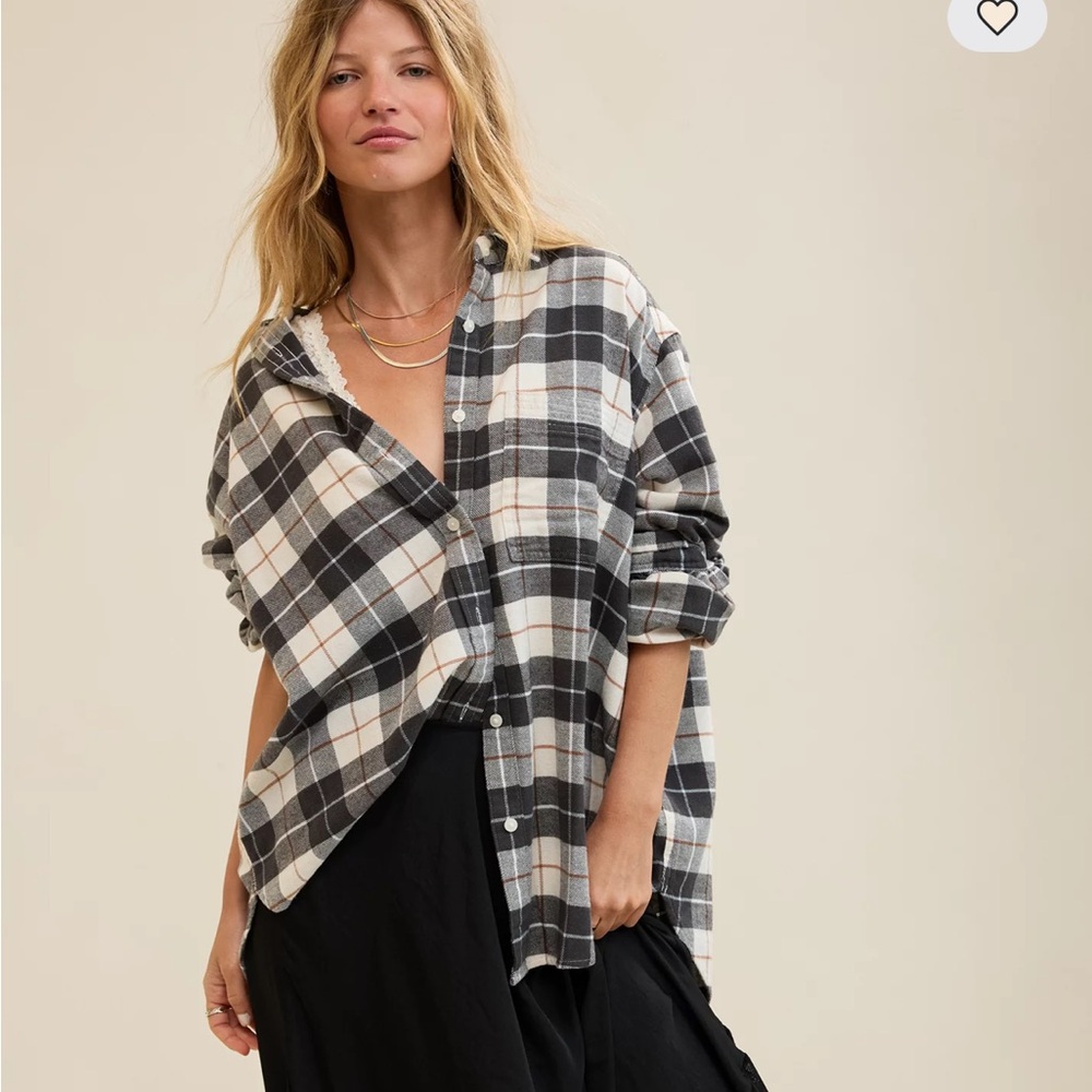 *New* Aerie White & Gray Plaid Oversized Flannel Shirt, Small